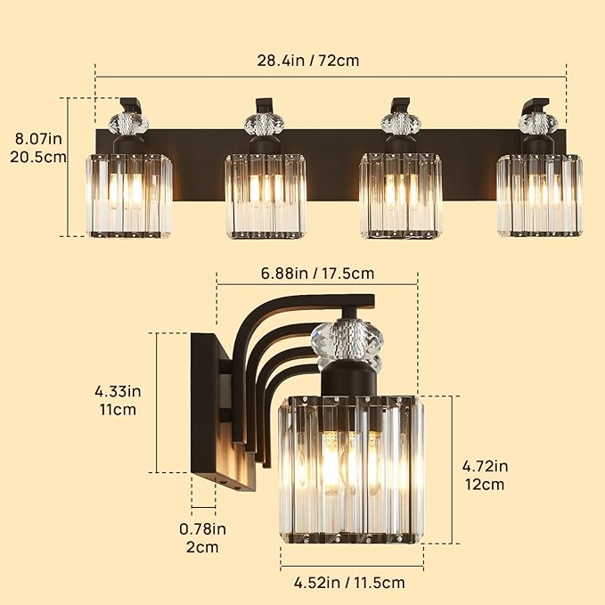 Modern Bathroom Vanity Light, 4-Light Black Bathroom Lighting Fixtures Over Mirror, 28.4" Crystal Wall Light Sconce for Bathroom/Bedroom/Vanity, Includes LED Bulbs, Easy Installation