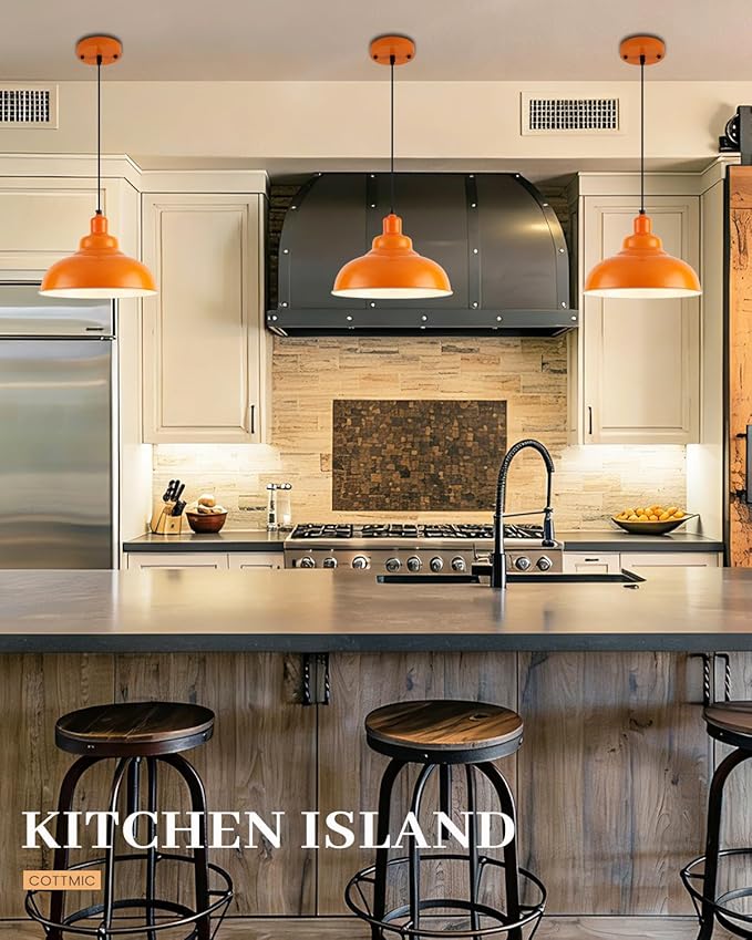 Orange Pendant Light 3 Pack, Farmhouse Pendant Lights Kitchen Island, 11.4’’ Industrial Metal Pendant Light Fixtures, Pendant Lighting for Dining Room Hallway Bar, Adjustable Height