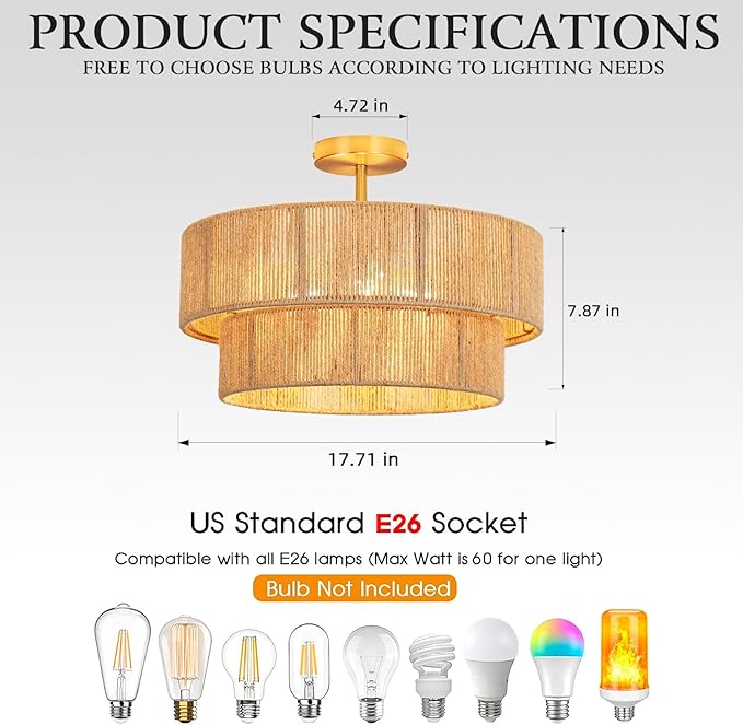 18" Boho Semi Flush Mount Ceiling Light Gold Rattan Ceiling Light Farmhouse Ceiling Lamp with Natural Hemp Rope Lampshade for Dining Room Living Room Bedroom Kitchen