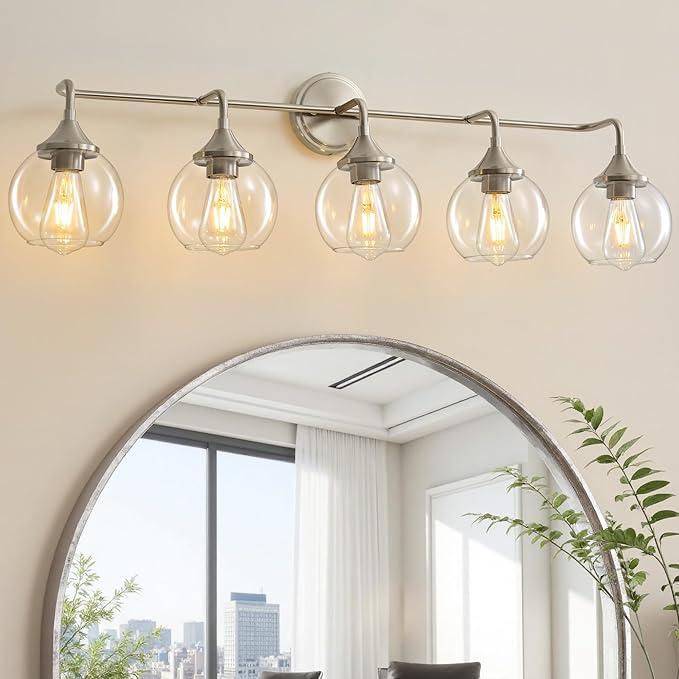 Bathroom Vanity Lights with Clear Glass Shade, E26 Base, Vanity Lighting Fixtures Over Mirror, 39 Inch Vanity Lights for Bathroom (Exclude E26 Bulb) (Brushed Nickel, 5-Lights)