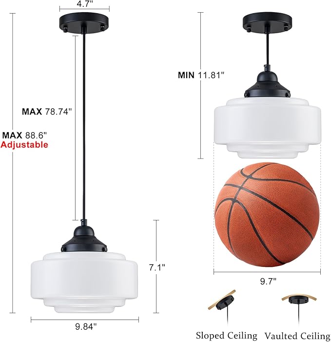Schoolhouse Pendant Light 9.84" Vintage Milk Glass Chandelier Black Mid Century Modern Pendant Lighting Fixture for Kitchen Island Dining Room Living Room Hallway, Adjustable Height (E26)