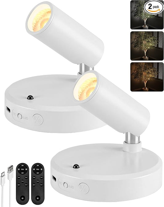 EZVALO Spot Lights Indoor, 5500mAh Rechargeable Picture Lights with Remote,Wireless Mini Art Accent Spot Lights with Timer＆Dimmable, 3CCT, Uplights Indoor for Plants, Display, Artwork (2Pack-White)