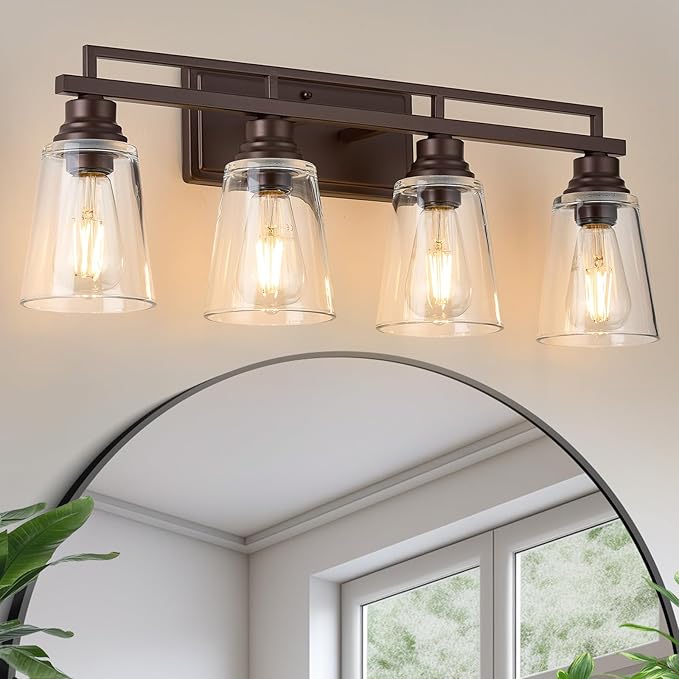 Refice 4-Light Bathroom Vanity Lights, Bathroom Light Fixtures with Clear Glass Shades, Vintage Oil Rubbed Bronze Wall Sconces Over Mirror for Living Room, Farmhouse, Hallway