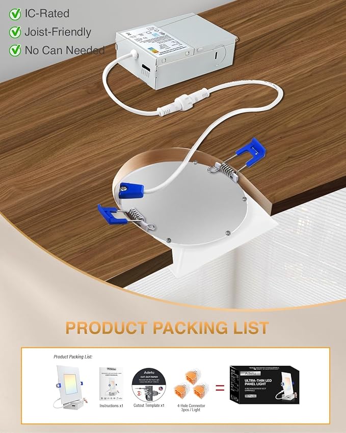 Adetu 4 Inch Square Led Recessed Lighting 5CCT LED Recessed Light with Junction Box,2700K-5000K Selectable,10W 860LM Brightness,Dimmable Canless Downlight - ETL Certified and Energy Star