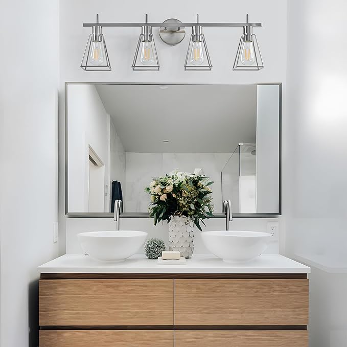 Industrial Bathroom Vanity Lights: 4-Light Silver Brushed Nickel Vintage Metal Cage Wall Sconce - Rustic Farmhouse Light Fixture Over Mirrors Cabinet for Bath Hallway