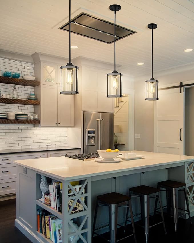Farmhouse Pendant Light Fixtures, 1-Light Rustic Oak White Pendant Light Fixtures, Mini Glass Hanging Lighting with Rod for Kitchen Island Bar Bedroom, Adjustable Length, OS-3015