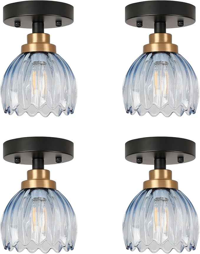 TALOYA Semi Flush Mount Ceiling Light,4 Pack Close to Ceiling Light Fixtures with Blue Tulip Glass Shades Modern Farmhouse Lighting Fixtures for Hallway Corridor Kitchen Bathroom Bedroom Passway
