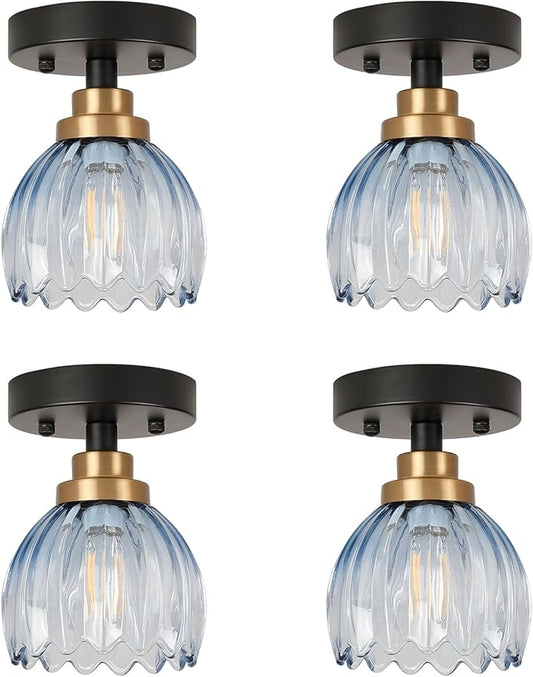 TALOYA Semi Flush Mount Ceiling Light,4 Pack Close to Ceiling Light Fixtures with Blue Tulip Glass Shades Modern Farmhouse Lighting Fixtures for Hallway Corridor Kitchen Bathroom Bedroom Passway
