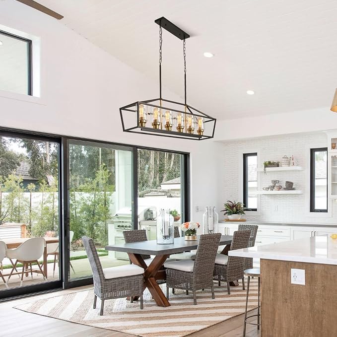 Black Kitchen Island Lighting, 6-Light Modern Farmhouse Dining Room Light Fixtures Over Table, Rectangle Linear Chandelier with Bubble Seeded Glass Shade and Brushed Brass Socket