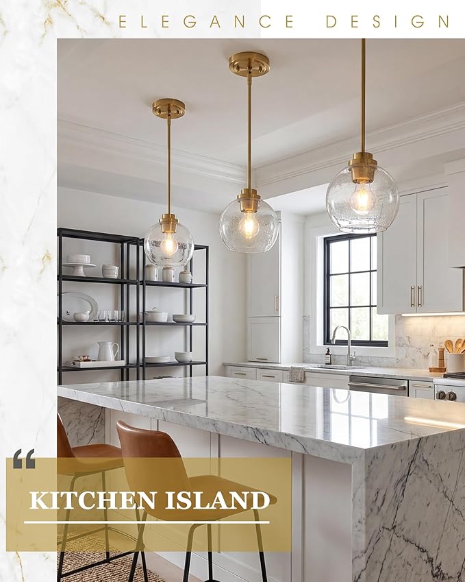 Pendant Lights Kitchen Island, 7" Modern Brushed Gold Hanging Lights Fixtures with Clear Seeded Glass Globe Shade, Kitchen Island Lighting for Bathroom, AD-22280-1P-GD-S