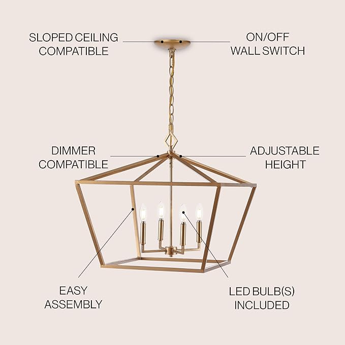JONATHAN Y 23" Gold 4-Light Rustic Glam Adjustable Iron LED Pendant, Open Cage Lantern Hanging Light for Dining Room, Kitchen Island, Foyer, Farmhouse French Country (JYL7520C)