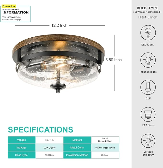 Edwarmlux Flush Mount Ceiling Lights, 2-Light Farmhouse Close to Ceiling Light, Industrial Ceiling Lighting Fixture for Kitchen Hallway Bedroom Living Room Stairways Porch (Seeded Glass)