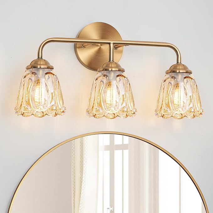 Daunton Vintage 3 Light Vanity Light, Gold Bathroom Vanity Light, Bathroom Light Fixtures with AmberGlass Shade, Antique Vanity Light Fixtures Over Mirror, Wall Sconce for Bedroom, Living Room