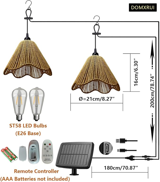 Solar Chandelier Outdoor Waterproof, Gazebo Lights Solar Powered with Remote Control, Boho Hanging Pendant Light for Porch, Patio, Pergola, Shed, Chicken Coop, Balcony(2 Lights)