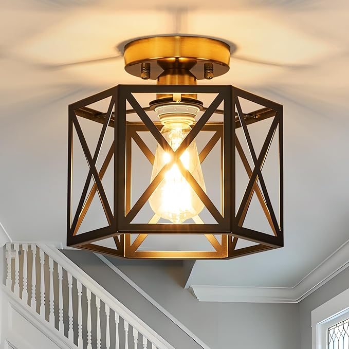 Modern Farmhouse Black and Gold Ceiling Light,Industrial Semi Flush Mount Ceiling Lighting Fixture,Hexagonal Hallway Lighting Fixtures for Kitchen,Bedroom,Foyer,Entryway,Laundry Room,1-Light