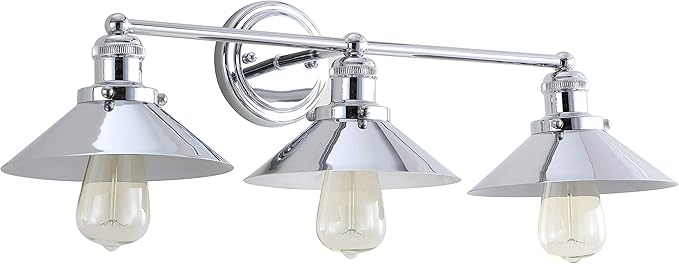 JONATHAN Y 26.5" Chrome 3-Light Industrial Farmhouse Metal Vanity Light Wall Sconce, Metal Shade for Bathroom Mirror, Kitchen, Entryway, LED Bulb Included (JYL7425A)