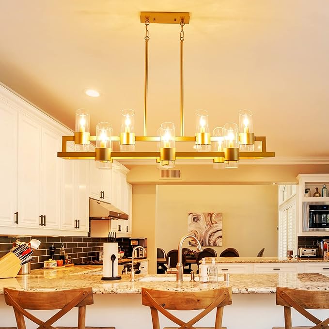 WUZUPS Island Rectangle Chandelier 10-Light with Clear Glass Industrial Modern Farmhouse Linear Light Fixture for Dining Room Kithen Island, Width 42.5" Height 10.4", Gold