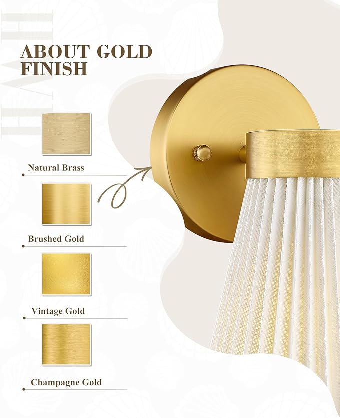 Set of 2 Wall Sconces, HWH Gold Bathroom Light Fixtures with Milk White Striped Fabric Shade, Up and Down Vanity Lights Fixture, Brushed Gold Finish, 5HZG97B-2PK BG-FB