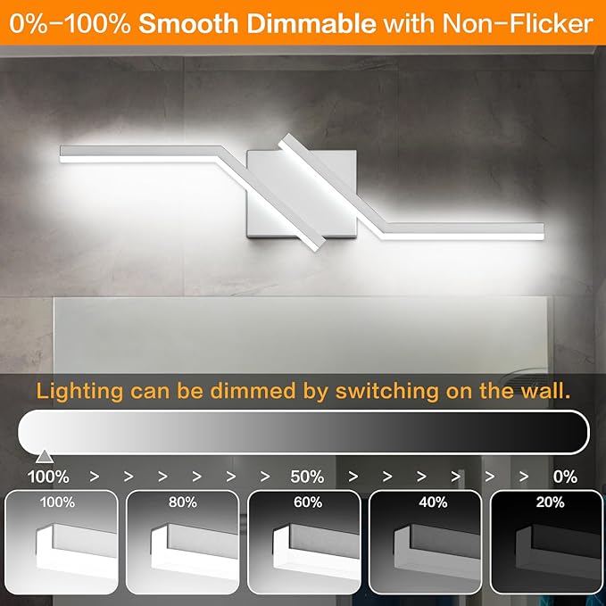 ZUZITO 24 inch Nickel Vanity Lights for Bathroom Vanity Light Modern Dimmable Bathroom LED Light Fixtures Over Mirror 6000K Cool White