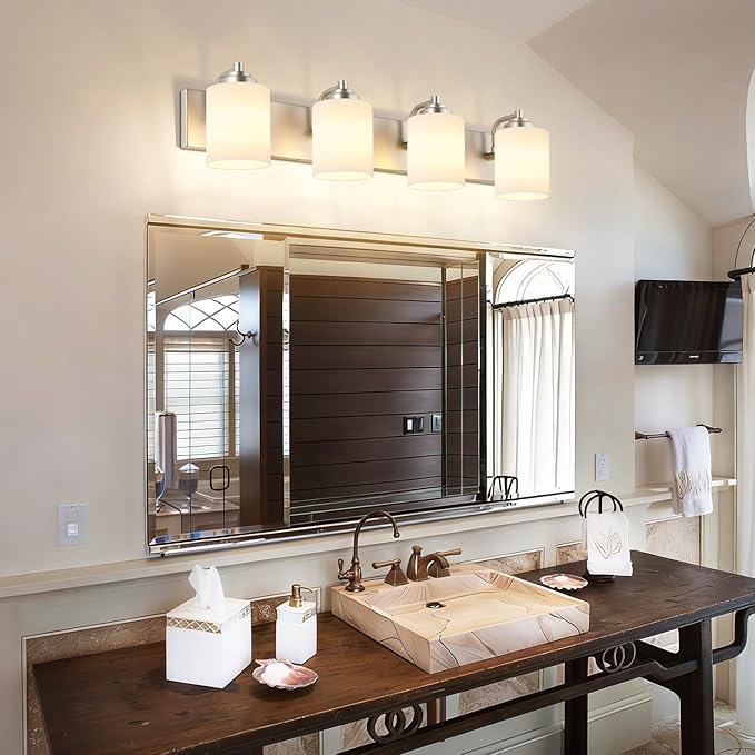 SOLFART Brushed Nickel Bathroom Vanity Light Vintage 4 Light Wall Light with Milky White Globes, 4 Lights Modern Over Mirror Lighting Fixture for Bathroom