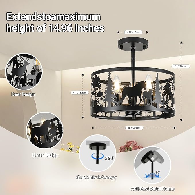 Farmhouse Rustic Ceiling Light Fixtures-Horse & Deer Design, 3-Light Round E26 Base Black Metal Fixture for Kitchen, Living Room,Foyer, Bedroom, Hallway(Bulbs not Included)