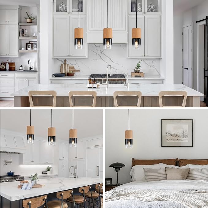 3-Pack Modern Pendant Lights for Kitchen Island, Adjustable Black Pendant Light Fixtures with Raw Wood Grain, Industrial Glass Pendant Lights for Dining Table Hallway Bedroom Living Room