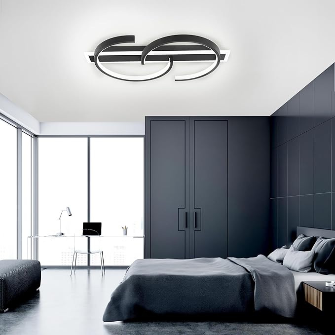 LED Ceiling Light 2 Rings Black Modern Ceiling lamp 35W Flush Mount Ceiling Light with Remote 3000-6000K Living Room Light Fixture 15.74in for Bedroom Dining Room Office