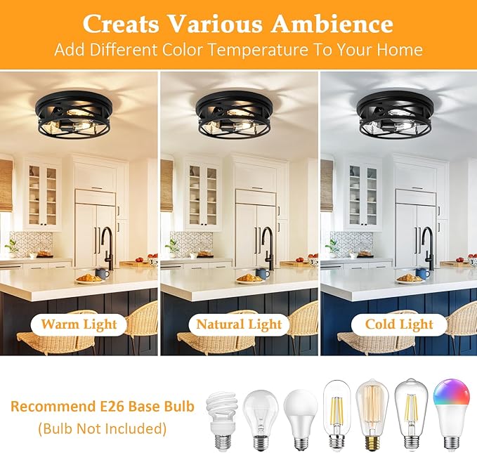 3-Light Flush Mount Ceiling Light Fixture, Farmhouse Ceiling Lights for Kitchen, Modern Black Close to Ceiling Light for Hallway Bedroom Balcony Porch Stairway, E26, (2 Pack)