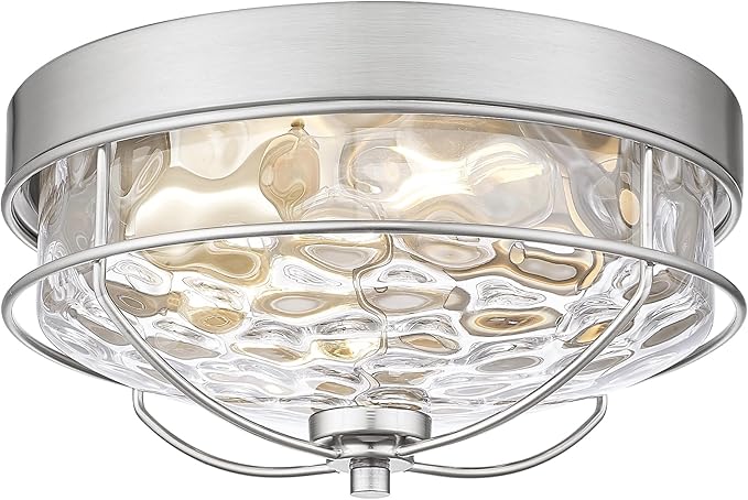 Modern Flush Mount Ceiling Light, HWH 2-Light 12 Inch Brushed Nickel Close to Ceiling Light Fixtures with Water Ripple Hammered Glass for Kitchen Bedroom Foyer, 5HTJ7WG-F BN