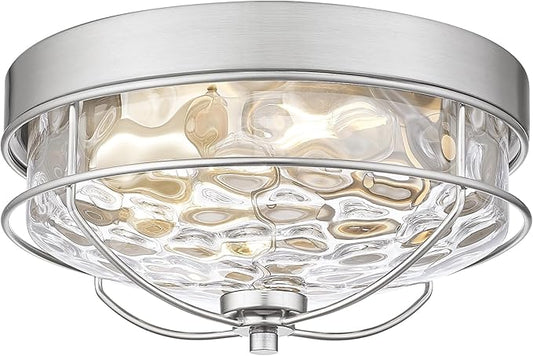 Modern Flush Mount Ceiling Light, HWH 2-Light 12 Inch Brushed Nickel Close to Ceiling Light Fixtures with Water Ripple Hammered Glass for Kitchen Bedroom Foyer, 5HTJ7WG-F BN