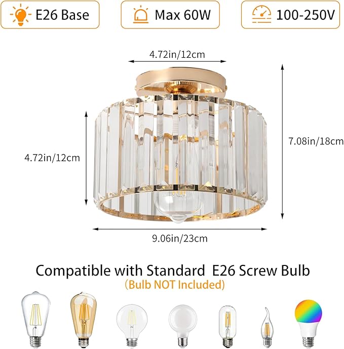 9 Inch Gold Crystal Ceiling Light Fixture - Modern Semi-Flush Mount Chandelier with Premium Crystals for Entryway, Dining Room, Bedroom, Kitchen
