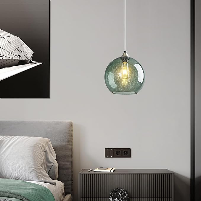 Mikeru Glass Globe Pendant Light Single, 5.9 Inch Gray Green Bubble Glass Hanging Lamp, Mid Century Modern Pendant Lighting for Kitchen Island Dining Room Bedroom (Bulb Not Included)