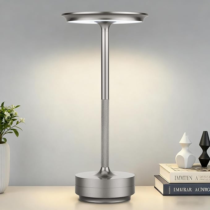 UdoUto Cordless Table Lamp Rechargeable - 5000mAh Battery Operated LED Table Light with Touch Stepless Dimming - Portable Silver Metal Outdoor Lamp for Patio, Restaurant, Bedroom