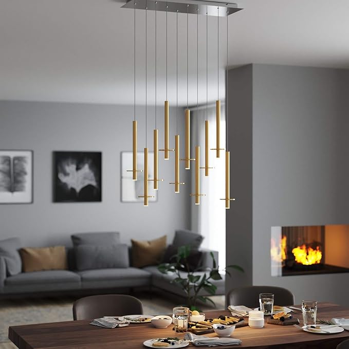 Draco 10 Pendant Lighting Brass – LED Hanging Light Fixture for Kitchen Island, Bar, Foyer – Equilateral Cluster of Mini Metal Rod Pipe Tube Cylinders – Dimmable, Adjustable Wire, Lamp Bulb Included