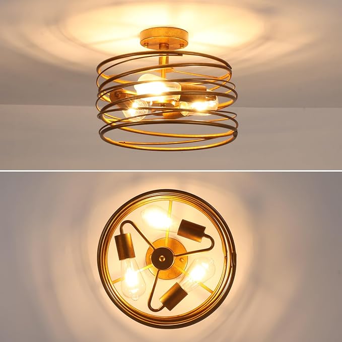 Vintage Gold 3-Light Rustic Drum Semi Flush Ceiling Light Fixture, Retro Farmhouse Chandeliers Metal Cage for Dining Room, Industrial Pendant Light Fixture for Entryway Kitchen Foyer Bedroom