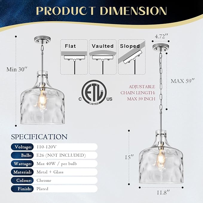 Farmhouse Pendant Light – Hand-Blown Clear Hammered Glass Shade, Chrome Finish, Adjustable Chain Hanging Fixture for Kitchen Island, Dining Room & Hallway, 15" H x 12" D