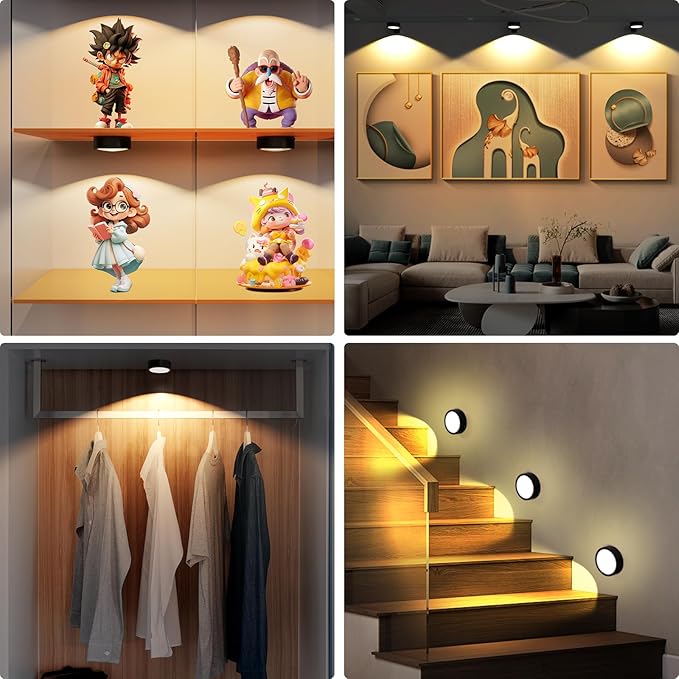 3 Pack Picture Lights for Wall, Rechargeable Battery Operated wall lights, Picture Frame lights with 3 Lighting Modes, Wireless Magnetic Painting Light with Remote Control Timer (Black, 3 Pack)