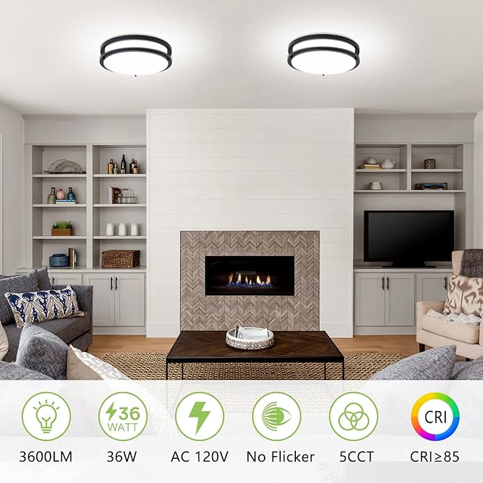 Flush Mount Ceiling Light - 2 Pack 36W 3000K/3500K/4000K/5000K/6000K Dimmable Led Ceiling Light Fixture for Kitchen Hallway Bedroom Bathroom (2, Black, 12 Inch)
