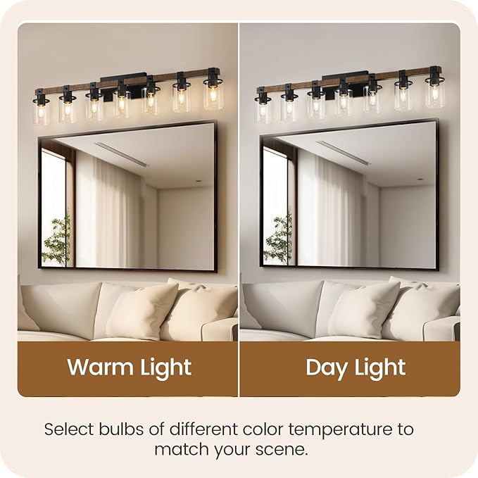 7-Light Bathroom Light Fixture, Farmhouse Vanity Lights for Bathroom with Glass Shade, Rustic Bathroom Light Fixtures, E26 Base F16BD05