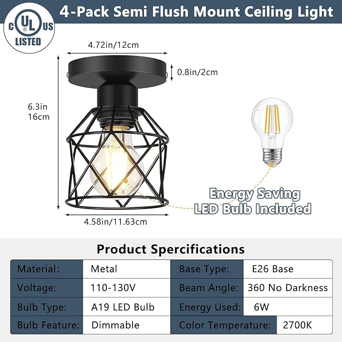 FadimiKoo 4-Pack Semi Flush Mount Light With LED Bulb, Farmhouse Hallway Ceiling Fixture, Black Retro Metal Cage Indoor Lamp for Kitchen Bedroom Entryway (E26 Base)