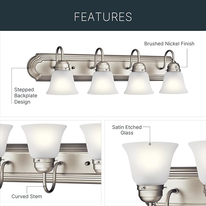 Kichler 36" 5-Light Vanity Bath Light in Brushed Nickel, Modern Bathroom Light with Clear Satin Etched Glass, (36" W x 8" H), 5339NIS