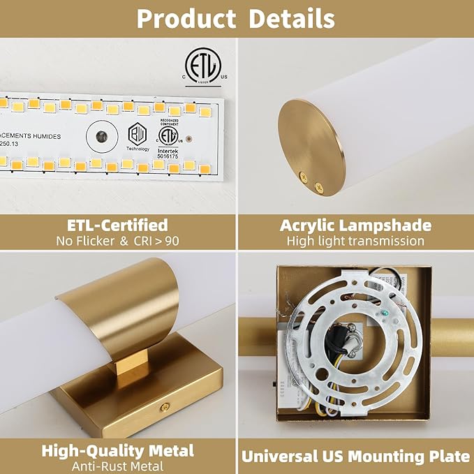 Modern Wall Sconce 30 Ihch Gold Bathroom Sconces LED Wall Lighting Fixtures with Acrylic Shade Hardwired Long Vanity Lights Over Mirror for Bedroom Living Room Hallway