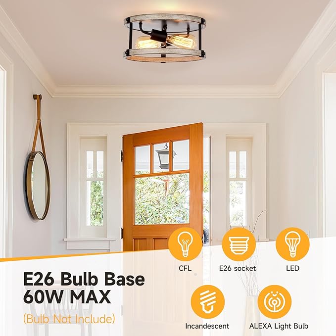 Farmhouse Flush Mount Ceiling Light Fixture, 12.5 Inch 2-Light Rustic Ceiling Mount Light Fixtures, Round Drum Oak Wood Finish Flush Mount Lights for Kitchen Bedroom Hallway Dining Room