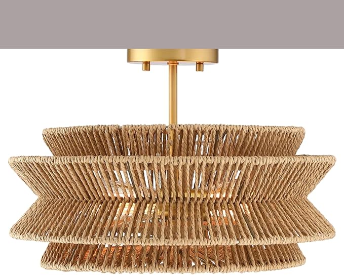 Boho 16''Coastal Rattan Semi Flush Mount Ceiling Light Farmhouse Rattan Ceiling Light Gold Nursery Ceiling Lights for Bedroom Kitchen Entryway Hallway(E26 Base)