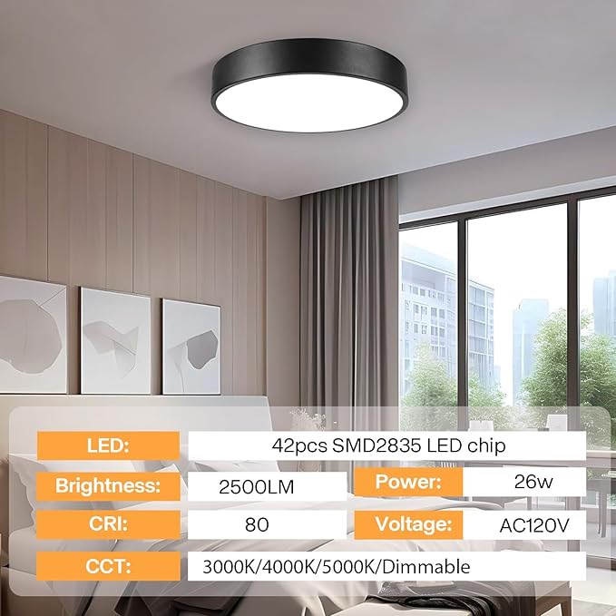 Matte Black Flush Mount Ceiling Light, 3000-5000K 13inch Modern Bedroom Lighting Fixtures Ceiling Mount, Dimmable Overhead Led Light Fixture for Hallway Bathroom Stairwell, ETL Listed