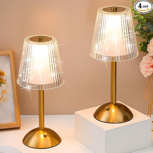 Liliful 4 Pcs Cordless Table Lamp Rechargeable Touch LED Small Gold Portable Battery Operated USB-c Desk Lamp 3 Color Dimmable for Bedroom Living Room Dining (Gold,Hollow Lined Style)