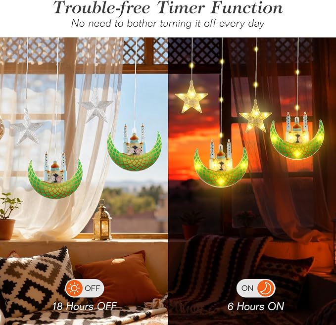 Lewondr Ramadan Curtain String Lights, 138 LED Moon Castle Star Fairy Lights with 6H Timer, 8 Modes, Remote Control, USB Powered Curtain String Light, Eid Mubarak Decorations for Ramadan Home, Green