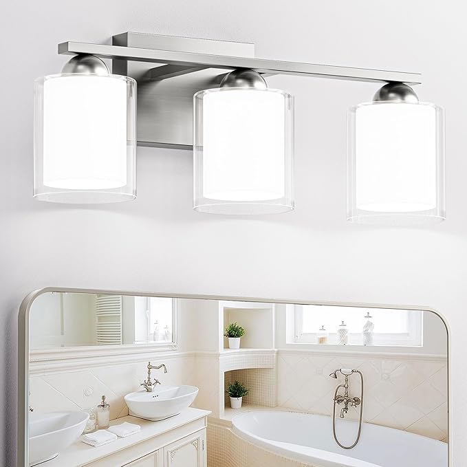 Quntis 3 Light Brushed Nickel Bathroom Light Fixtures, Modern Vanity Lights Over Mirror with 5 Colors & Stepless Dimmable, 16 Inch LED Bathroom Lighting with Milk White Frosted Glass (Bulbs Included)
