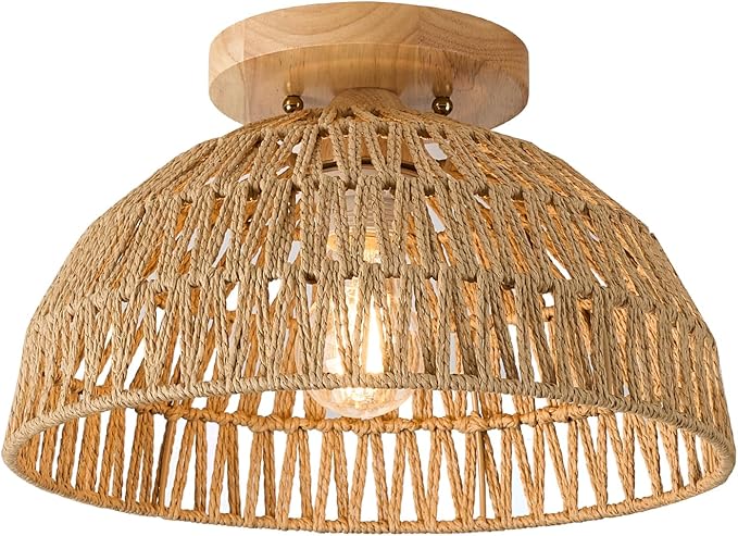 13 Inch Rattan Flush Mount Ceiling Lights Farmhouse Boho Ceiling Light Fixtures Rustic Wicker Hand Woven Rope Cage for Dining Room Kitchen Bedroom Foyer Hallway Entryway