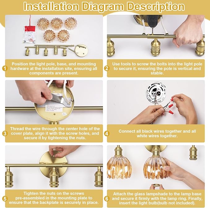 Vintage Bathroom Light Fixtures,5-Light Hardwired Vanity Lights with Clear Tulip Glass Shade,Gold Bathroom Vanity Light for Mirror Restroom,E26 Socket,33.46 in(Bulbs Not Included)